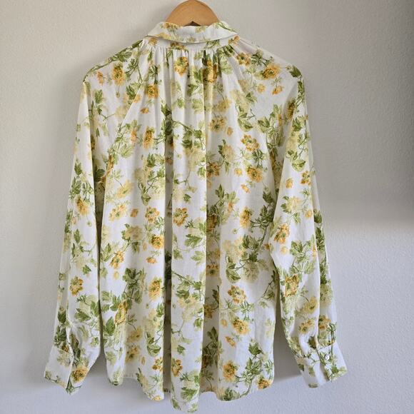 Laura Ashley Linen Blend Yellow Floral Raglan Button Up Shirt Size L Cottagecore - Picture 4 of 9